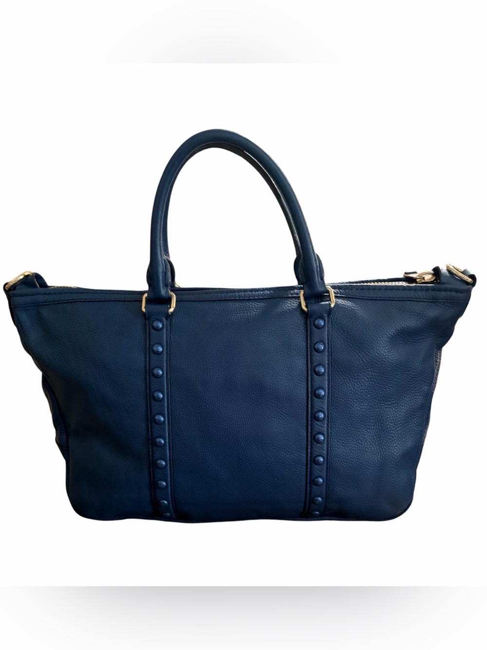 Coach Blue Central Studded Pebble Leather Satchel - Picture 10 of 11